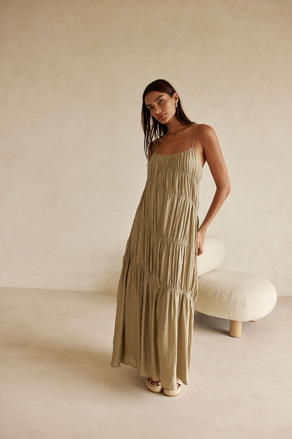Khaki Taupe Green Ruched Maxi Daysia Dress – SABO