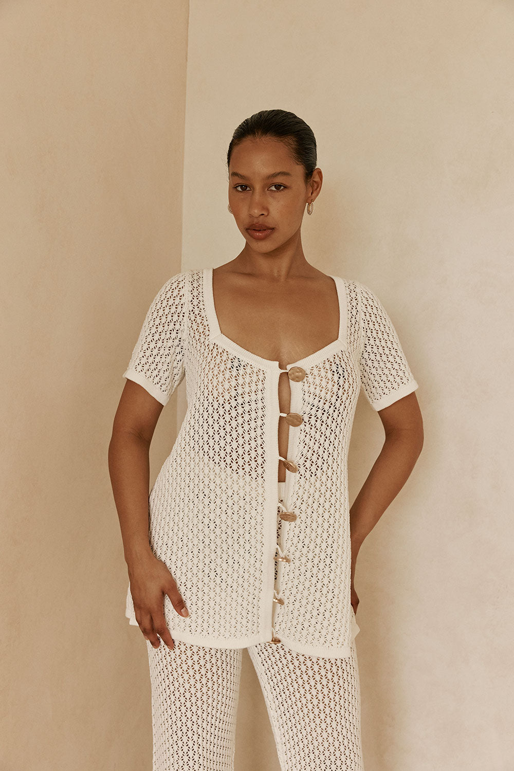 く*み様 andmary Mila ribbon knit tops White Crochet Knit Button Up Milana Top – SABO