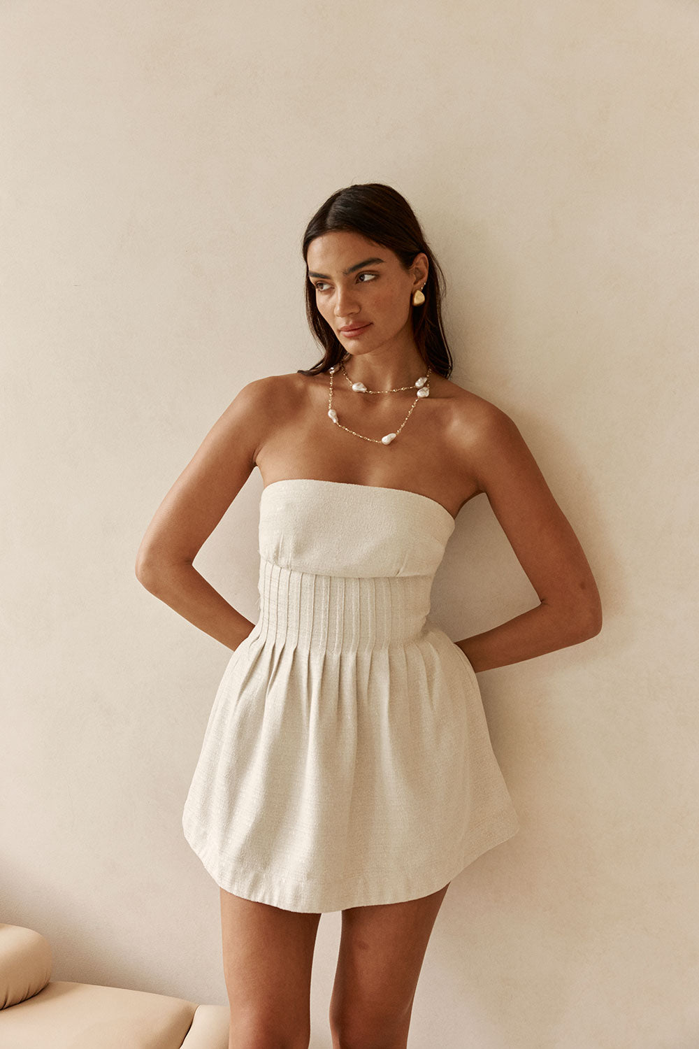 Beige Strapless Pin Tick Mini Tabi Dress XXS