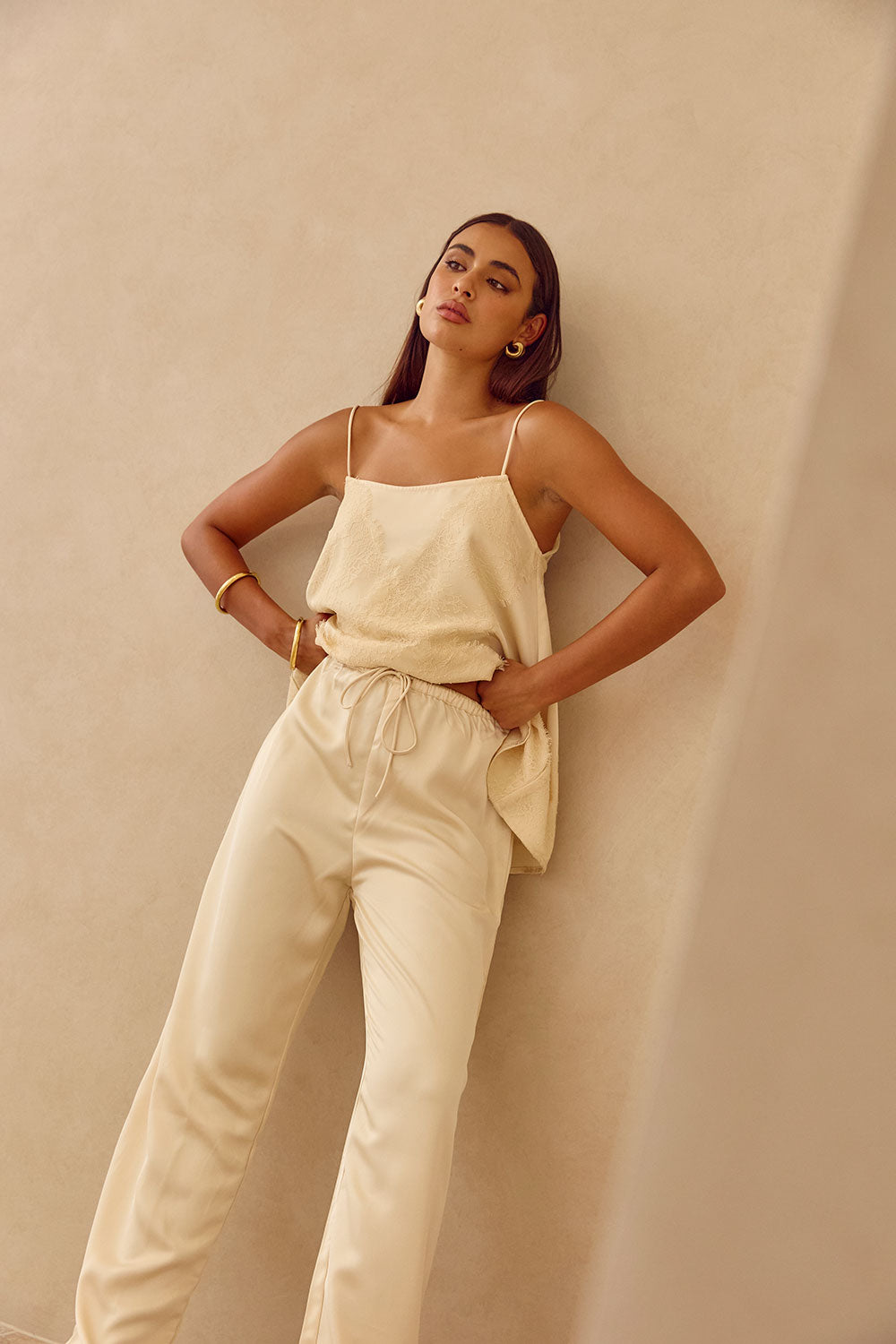 Kehlani Silk Elasticated Tie Pants - Cream – SABO