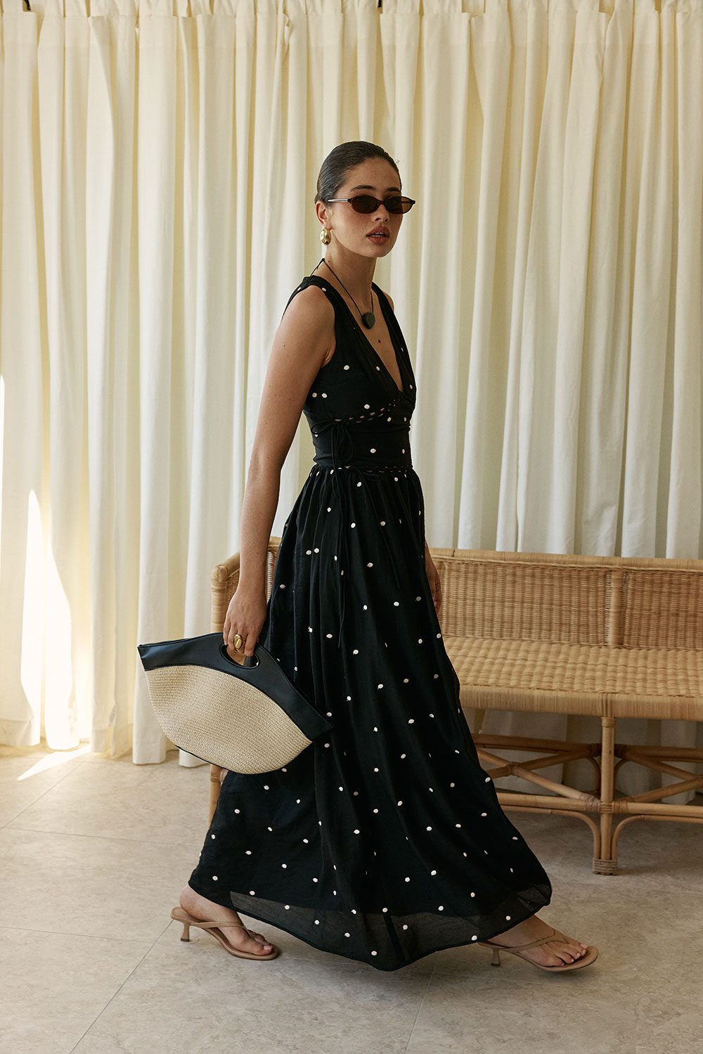 Black Midnight Speck V Neck Tie Maxi Franci Dress – SABO
