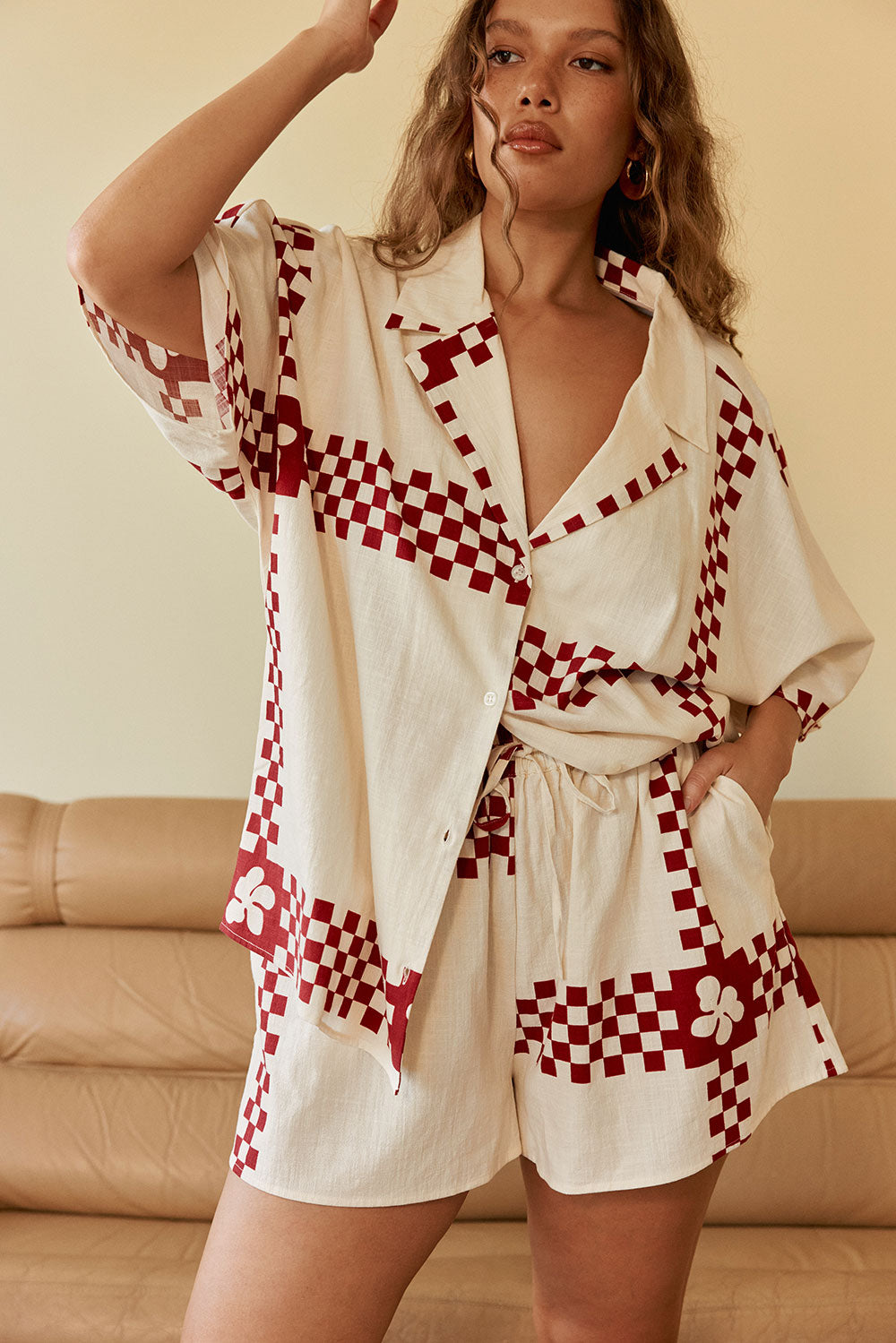 Red Checker Plaid Print Elastic Drawstring Seona Shorts – SABO