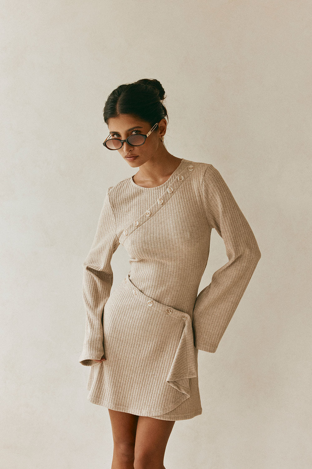 Tan Ribbed Long Sleeve Button Mini Alexia Dress L | by Sabo Tan Ribbed Long Sleeve Button Mini Alexia Dress L | by Sabo