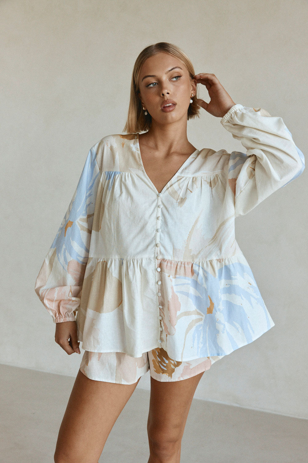 Pink Vintage Bloom Print Long Sleeve Button Up Adalyn Top – SABO