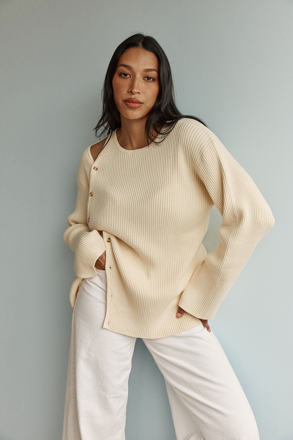 Butter Yellow Ribbed Button Asymmetric Amie Top – SABO
