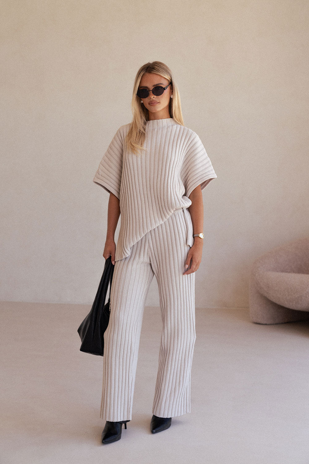 Beige Sand Ribbed Knit Celine Pants – SABO