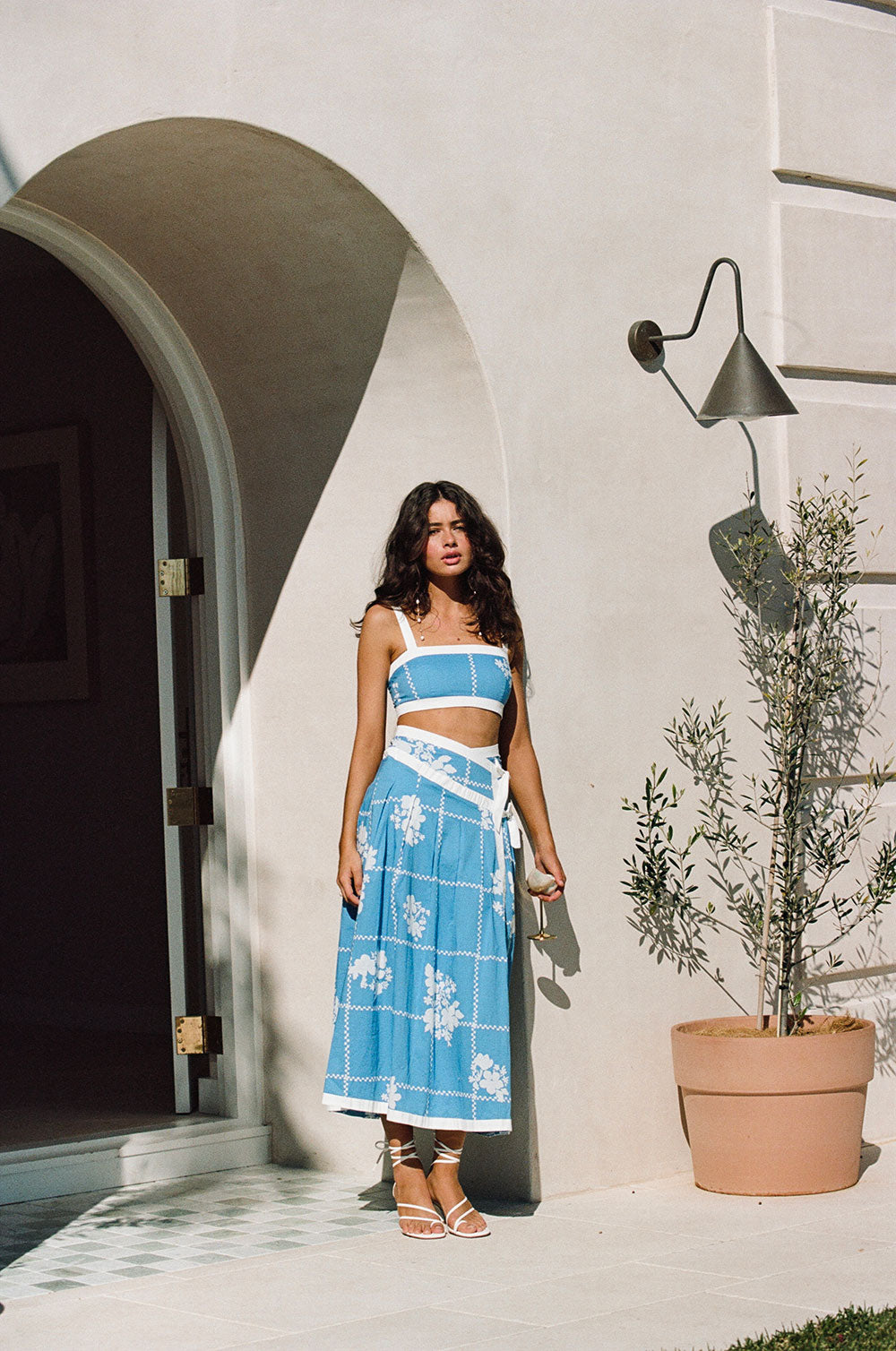 Estelle Split Wrap Midi Skirt - Postcard, Blue & White Check