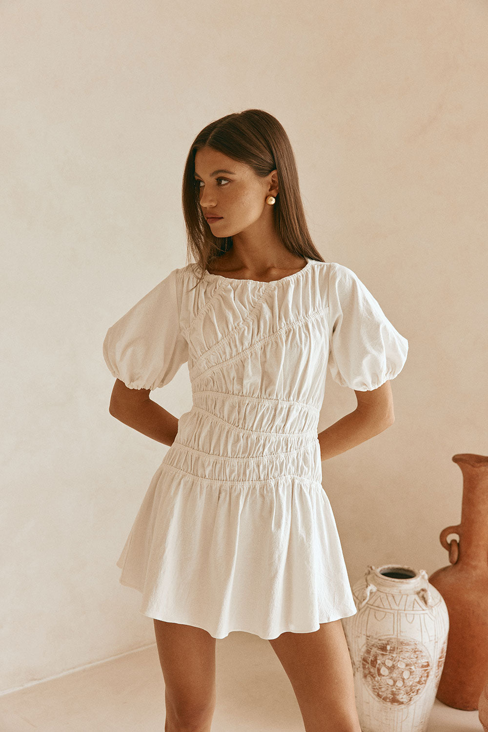 White Cotton Ruched Mini Lou Dress S