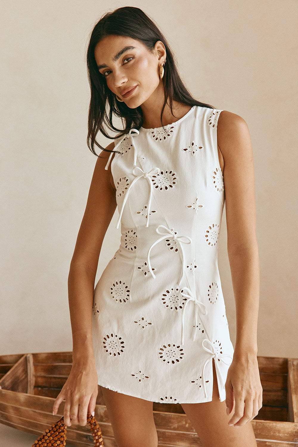 White Cotton Broderie Bow Mini Kapri Dress XXL