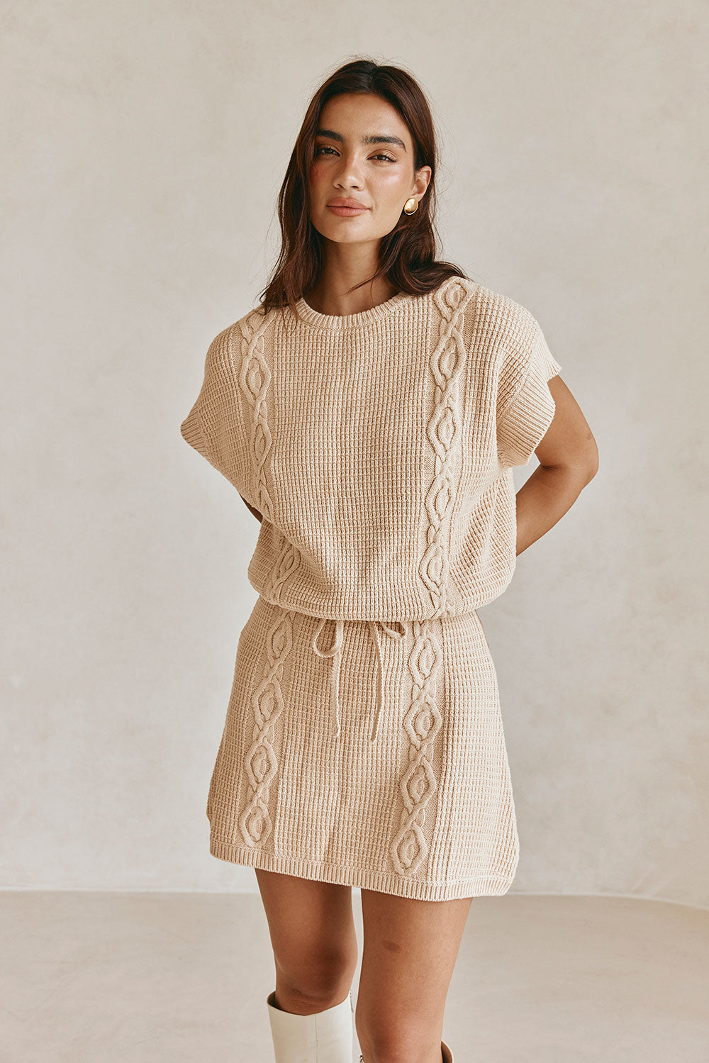 Tan Knit Short Sleeve Mini Saphira Dress XS