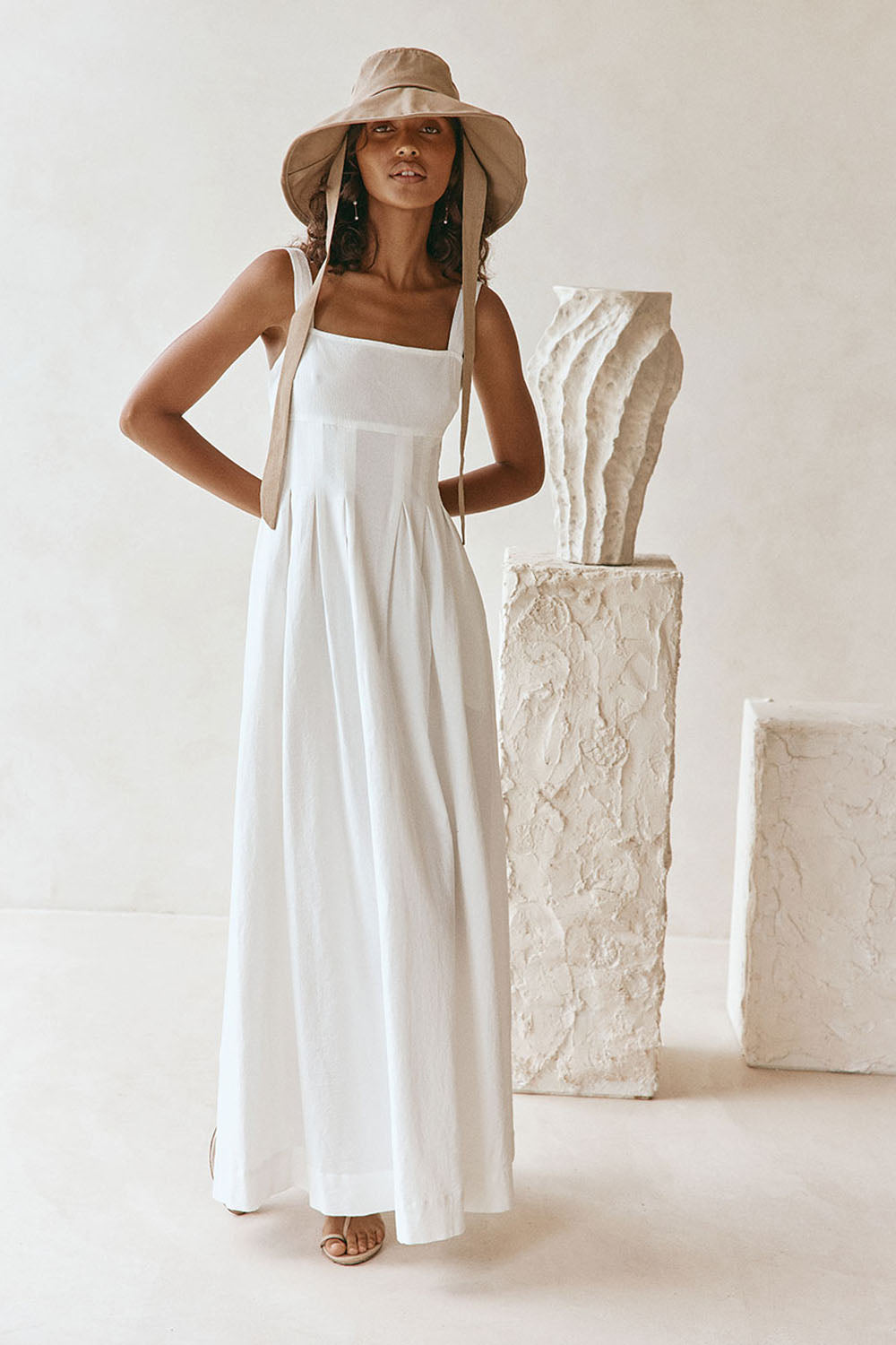 White Cotton Pintuck Maxi Flores Dress XL