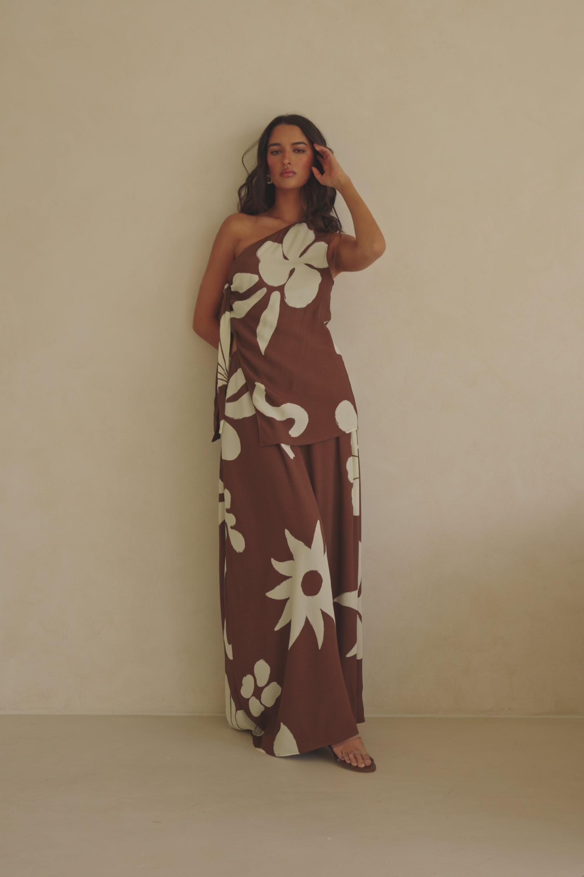Lessi One Shoulder Tie Maxi Dress - Galene Brown Print – SABO
