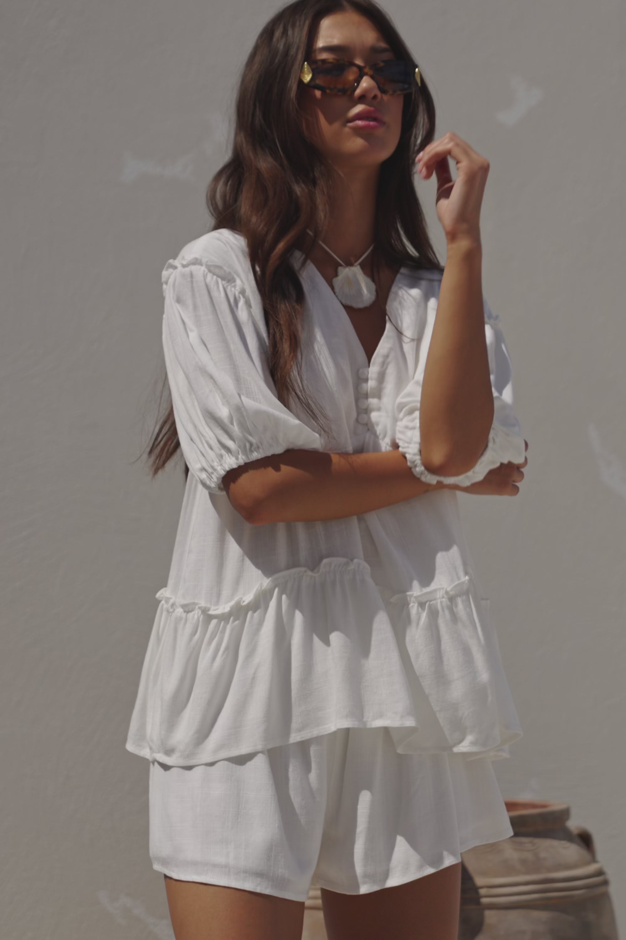 White Puff Sleeve V Neck Button Detail Lyon Top – SABO