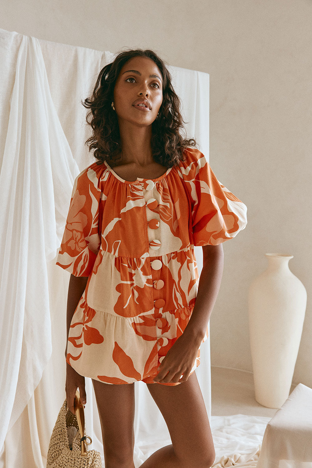 Orange Sunset Botanica Floral Print Button Up Toria Top – SABO