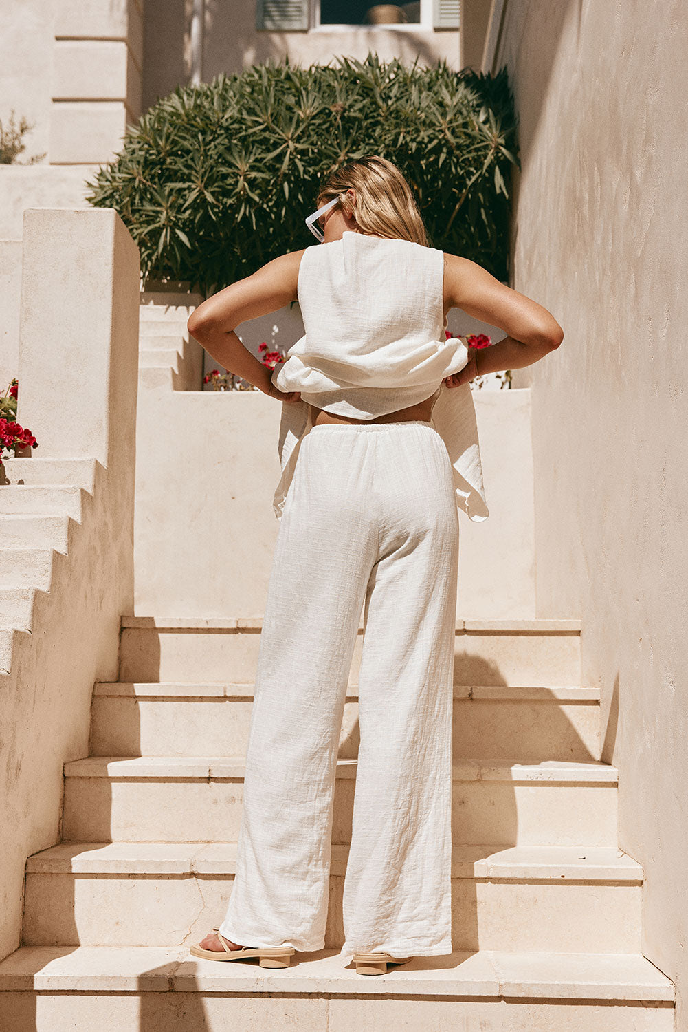 White Cotton Elastic Drawstring Gaia Pants – SABO