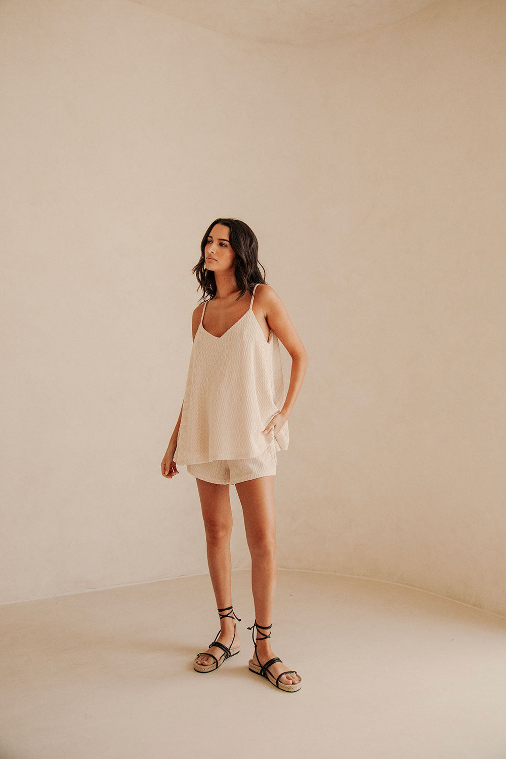 Beige V Neck Adjustable Strap Boston Top – SABO