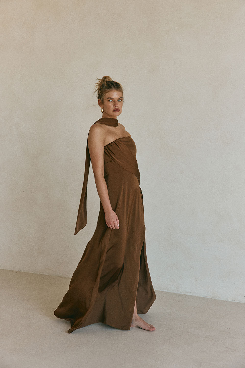 Chocolate Brown Silky Strapless Maxi Eclair Dress – SABO