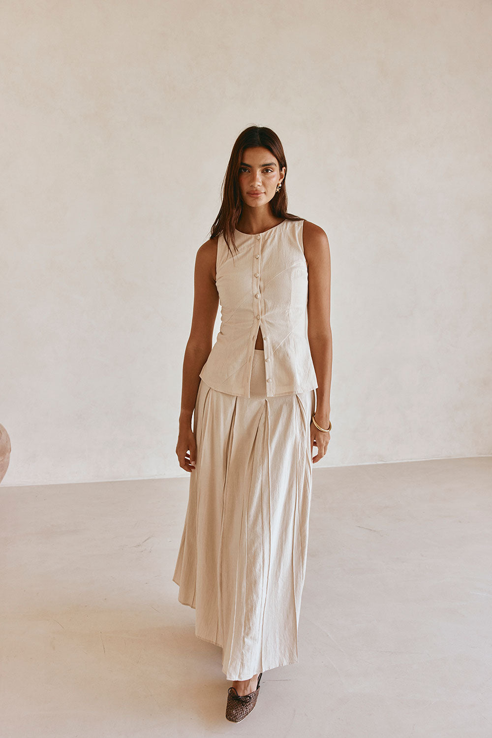 Beige Cotton A Line Pleated Maxi Adri Skirt – SABO