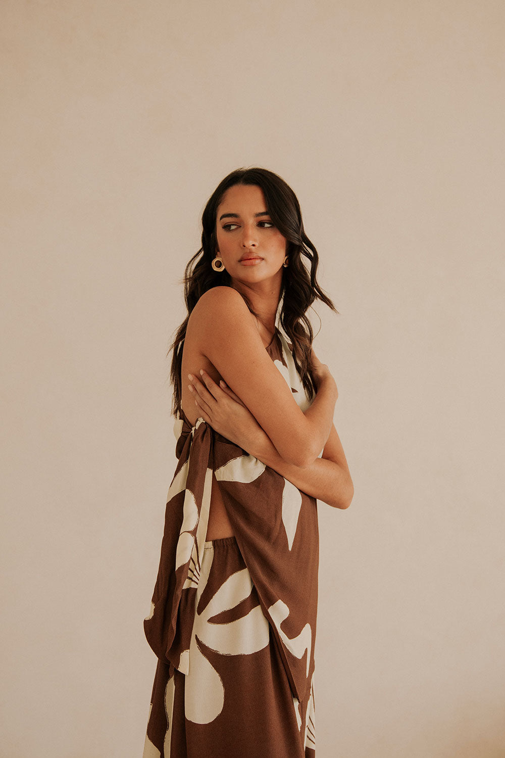 Lessi One Shoulder Tie Maxi Dress - Galene Brown Print – SABO
