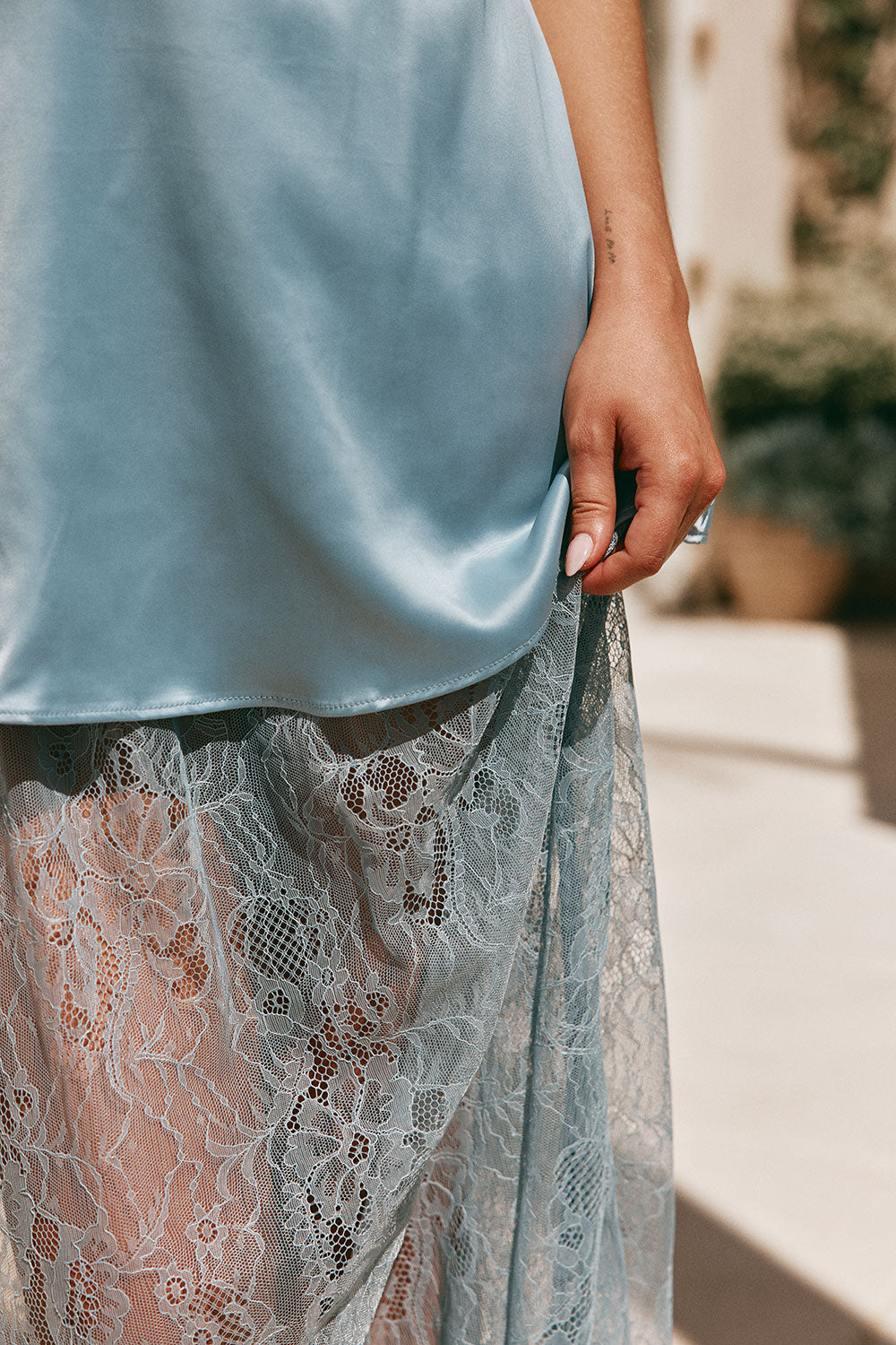 baby blue slip dress Summer Wrap Satin midi slip dress featuring bias cut hem Baby Blue Silky Lace Maxi