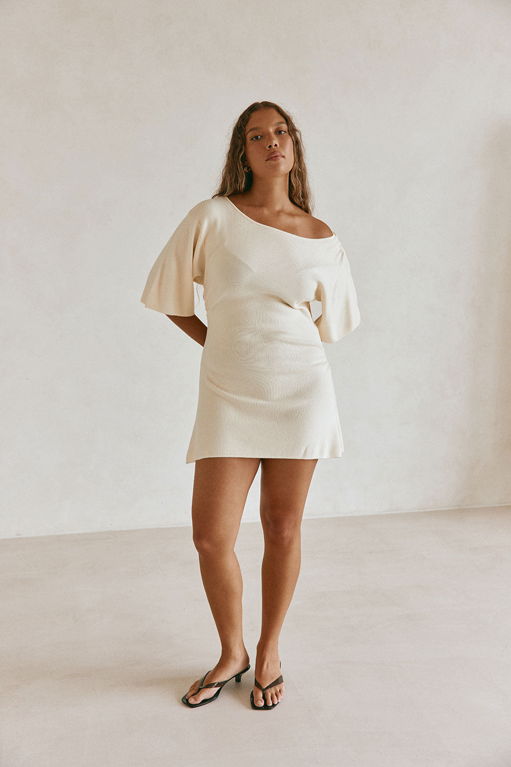 knit off shoulder mini dress Cozy Knit Off-The-Shoulder A-Line Mini Dress