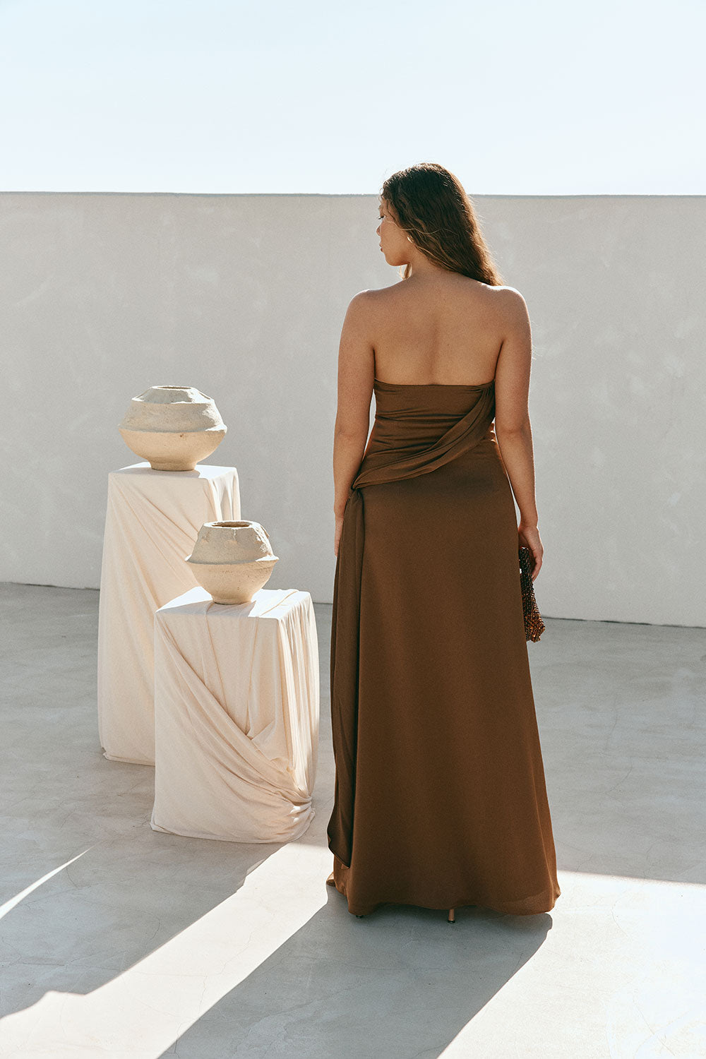 brown and white strapless dress Cream and Brown Strapless Maxi Stormi Dress SABO