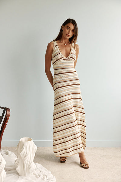 Earth Brown Stripe Knit V Neck Maxi Bakari Dress XL