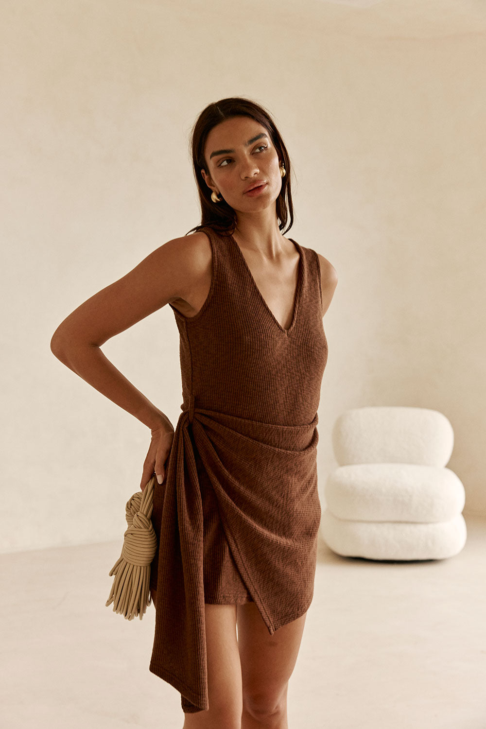 Brown Ribbed V-Neck Wrap Mini Oliana Dress L