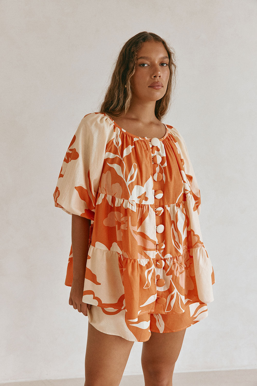 Orange Sunset Botanica Floral Print Button Up Toria Top – SABO
