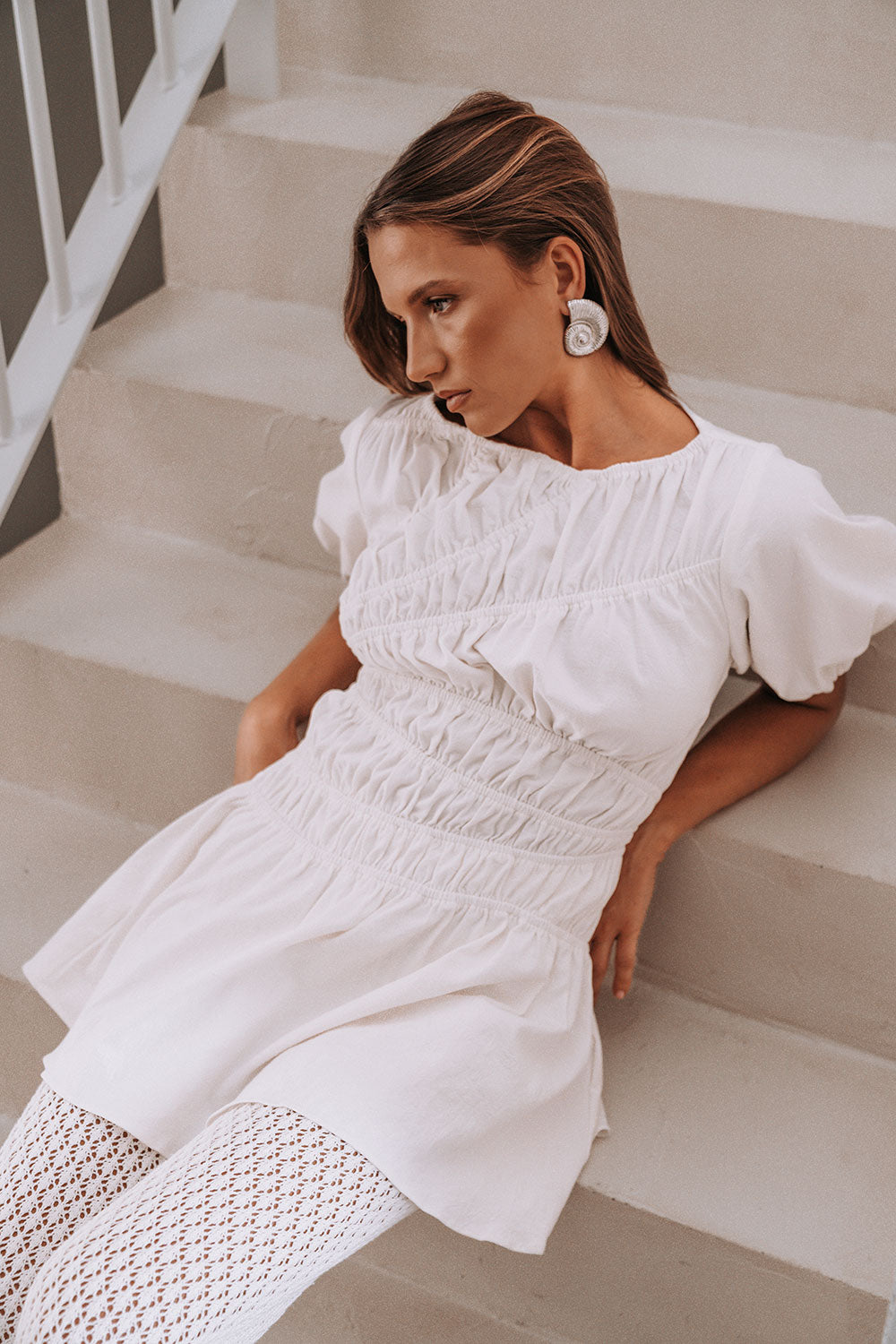White Cotton Ruched Mini Lou Dress XXL