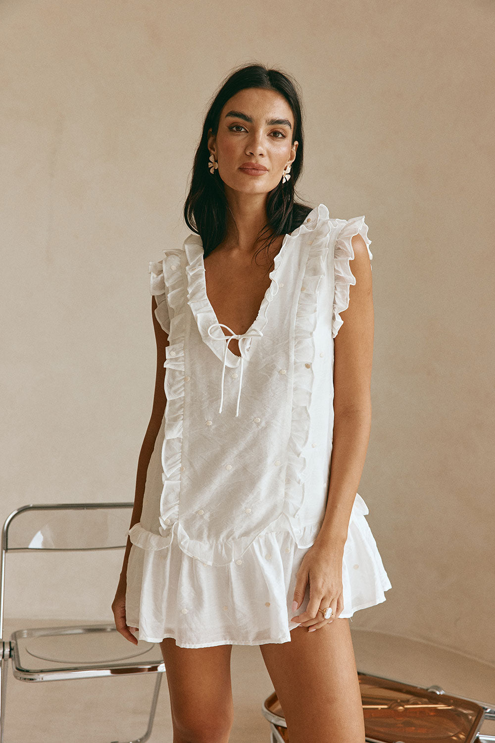 White Textured Stop Ruffle Mini Millie Dress – SABO