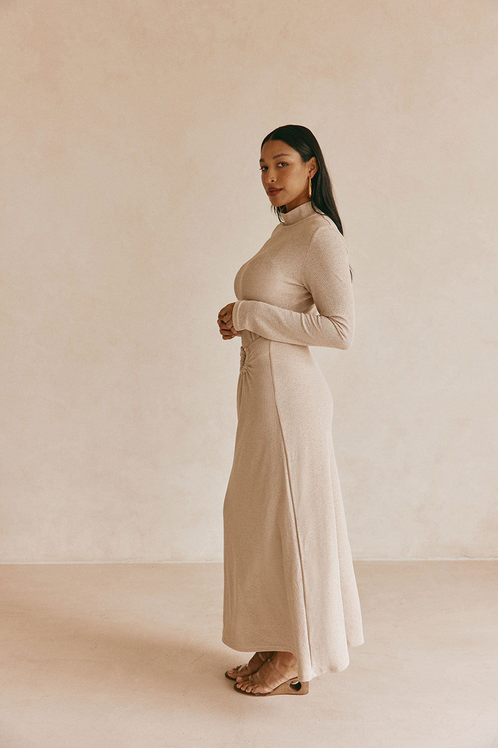 Beige High Neck Long Sleeve Fitted Maxi Simone Dress – SABO