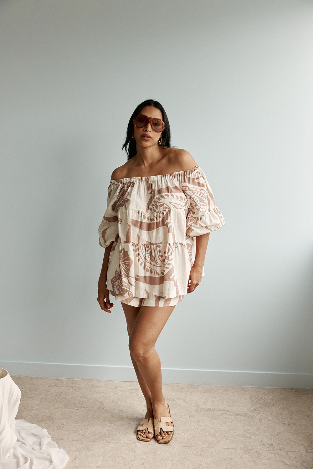 Taupe Paisley Sunset Print Off Shoulder Adina Top – SABO