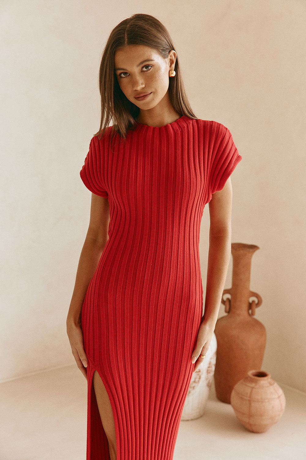 Red Rib Split Maxi Gemini Dress – SABO