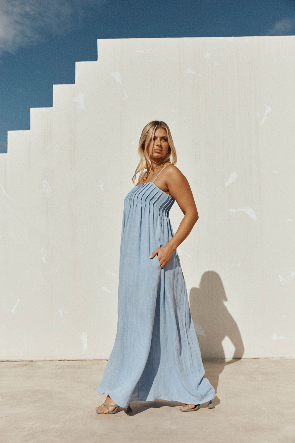 Blue Pin Tuck Pleat Maxi Ada Dress – SABO