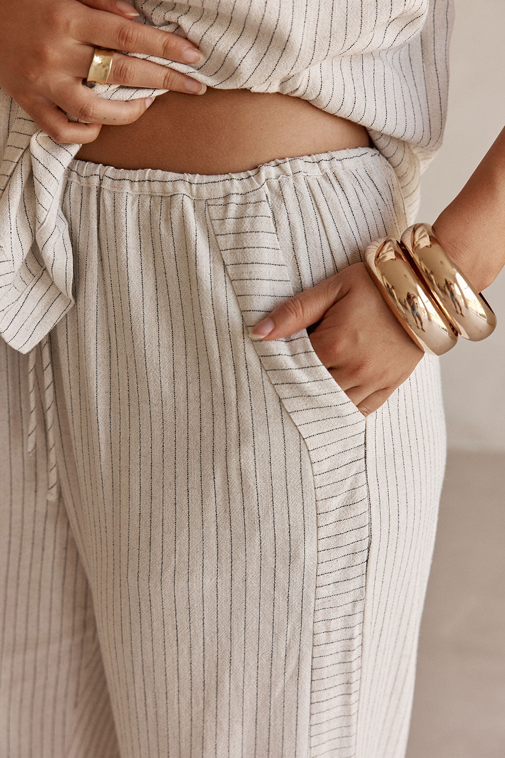 Cream and Black Pinstripe Drawstring Capri Pants – SABO