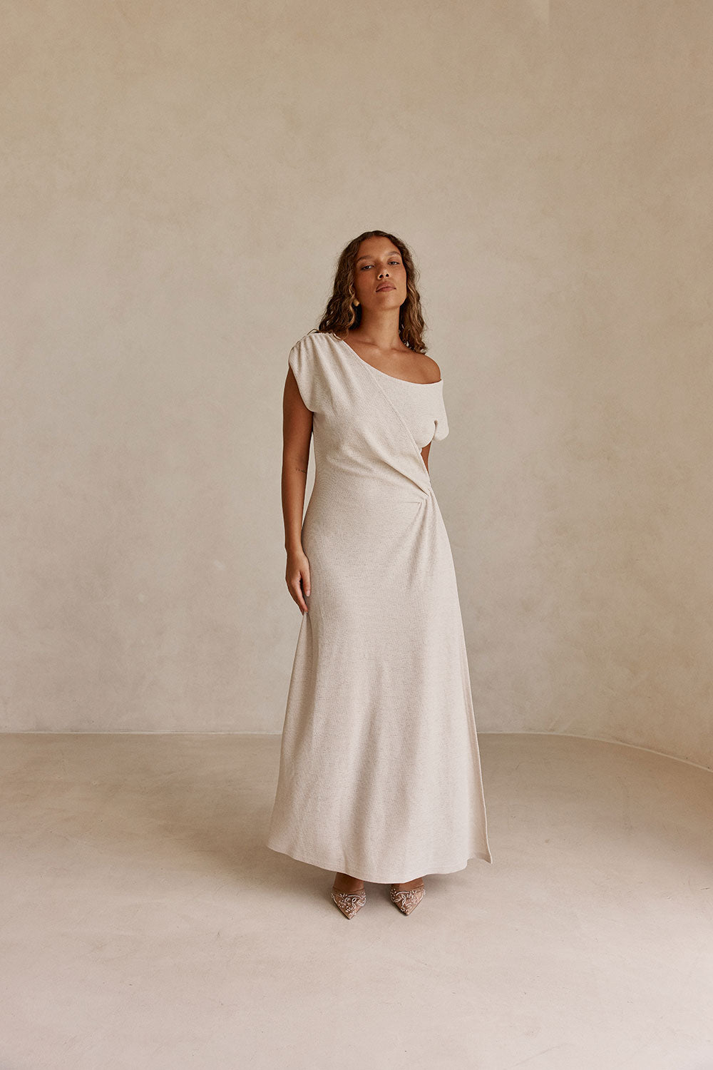 Beige Off Shoulder Ruched Maxi Juno Dress – SABO