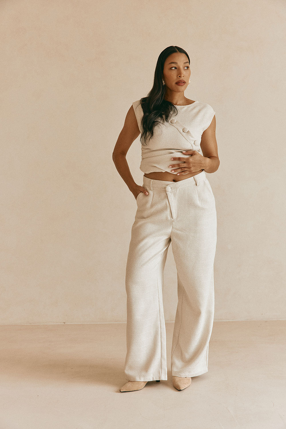 Beige Asymmetric Waist Straight Leg Azul Trouser Pants – SABO