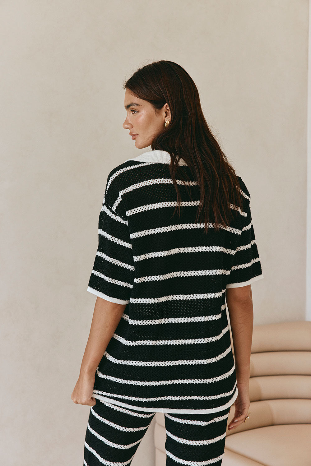 Black And White Stripe Knit Button Up Collar Mia Top – SABO