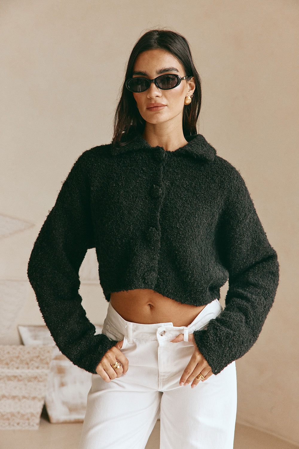 Black Fluffy Knit Cropped Button Addison Cardi – SABO