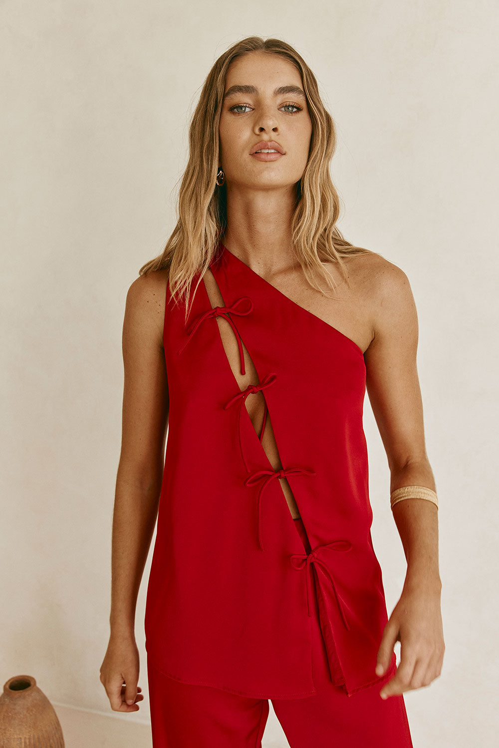 Red Backless One-Shoulder Front Tie Natalie Jumpsuit – SABO
