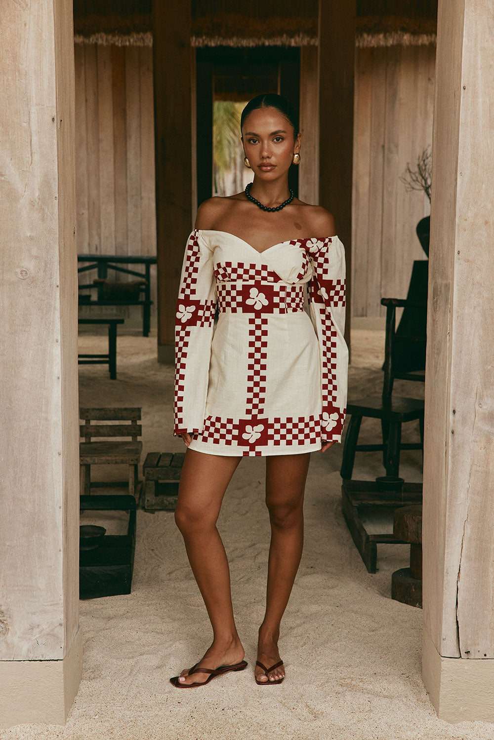 Red Checker Plaid Print Off Shoulder Long Sleeve Mini Layne Dress