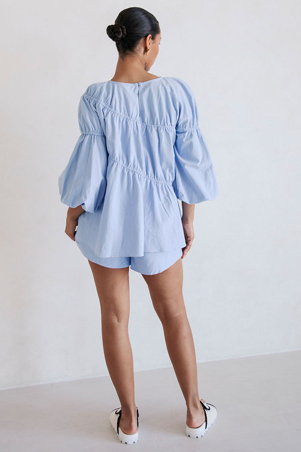 Blue Long Sleeve Panelled Flounce Akel Top – SABO
