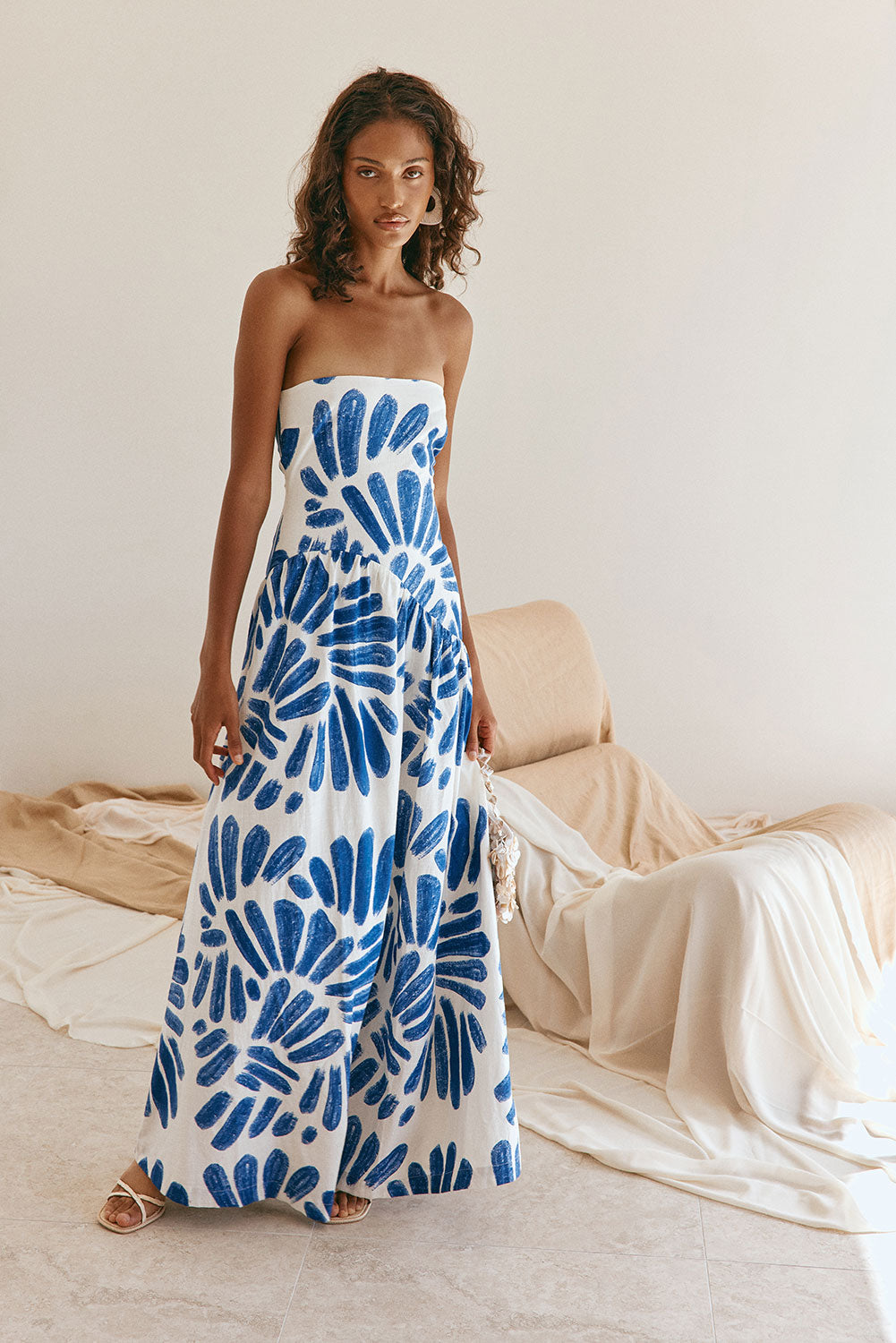 Blue Brush Petal Print Strapless Maxi Mila Dress XS
