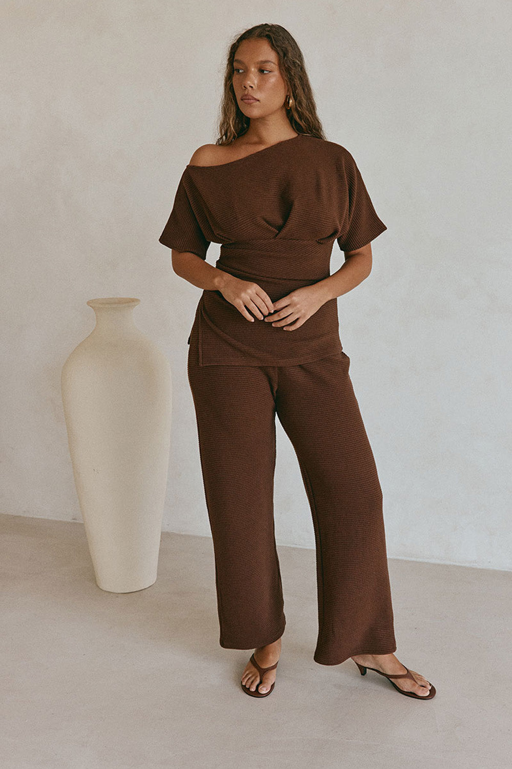 Chocolate Brown Waffle One Shoulder Ruched Malika Top – SABO