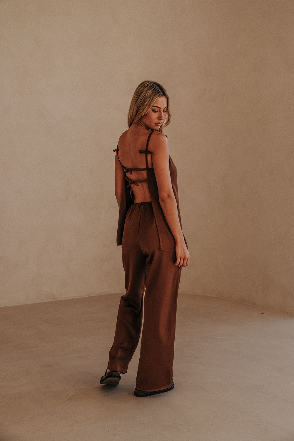Chocolate Brown Thin Strap Backless Kinsley Jumpsuit – SABO