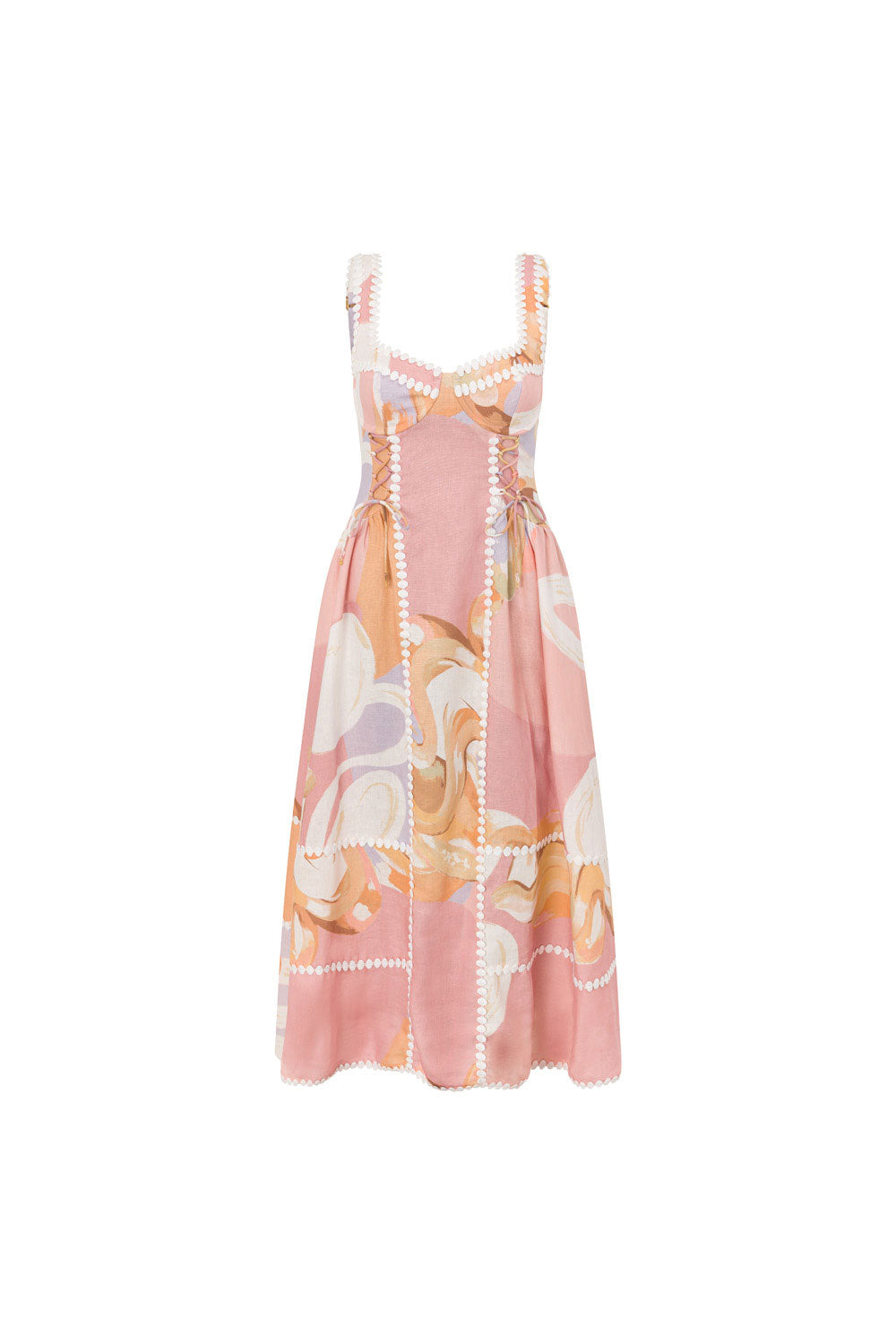 Sogno Thick Adjustable Strap Midi Lace Dress - Pink, White, Purple, Orange Tramonto Print SABO Sogno Thick Adjustable Strap Midi Lace Dress - Pink, White, Purple, Orange Tramonto Print SABO