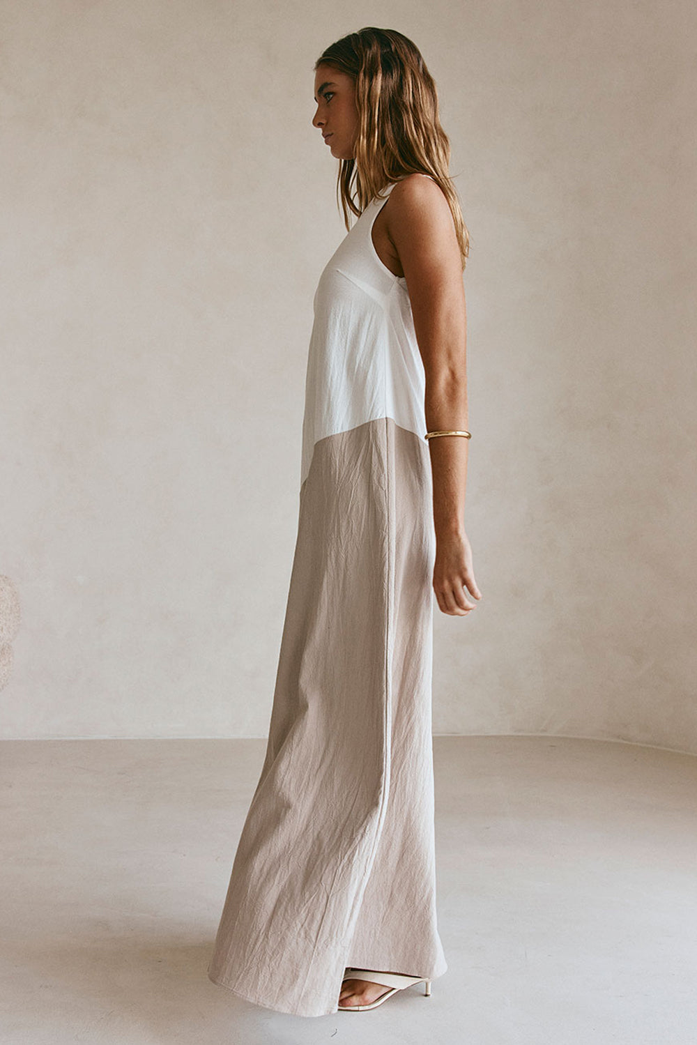 Beige White Two Tone One Shoulder Maxi Ellita Dress XS
