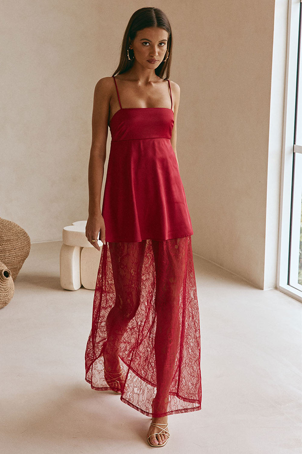 Red Silky Lace Strappy Maxi Dove Dress S