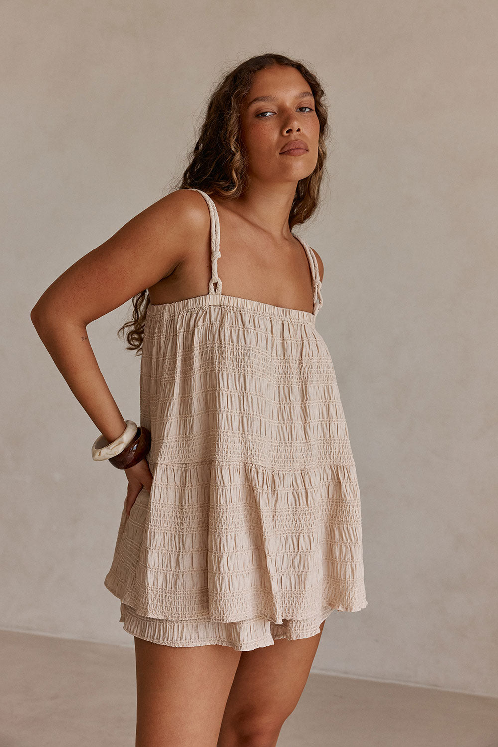 Beige Ruched Strappy Amina Top – SABO